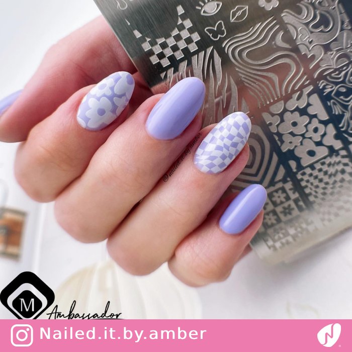 Checkered and Flower Pastel Nails